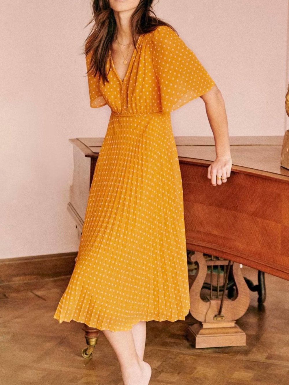 SEZANE Yellow Polka Dot Printed Flutter Pleated Chiffon Florencia Midi Dress
